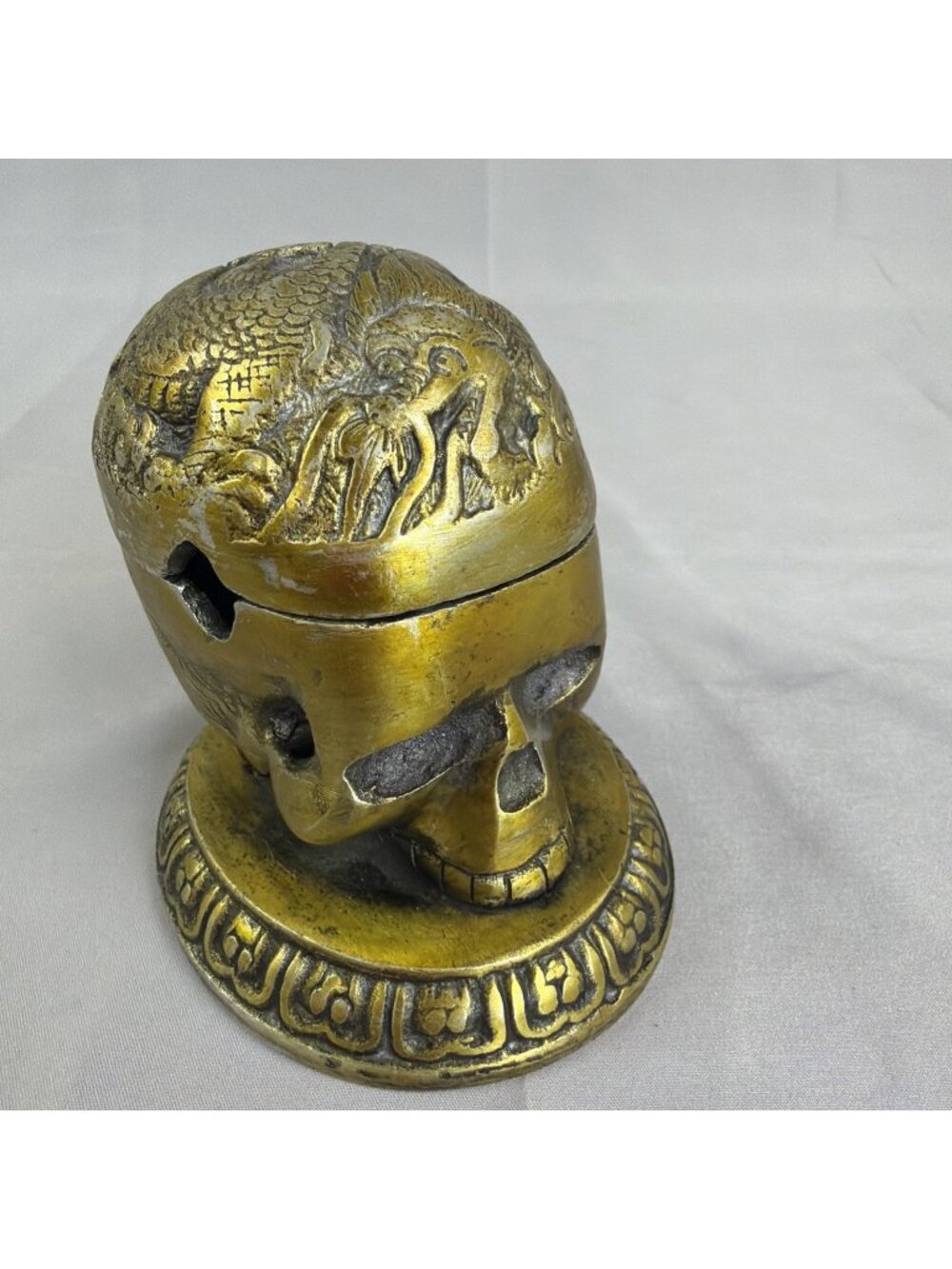 Vintage Solid Metal Skull Etched Dragon Carving Cone Incense Burner Or ashtray